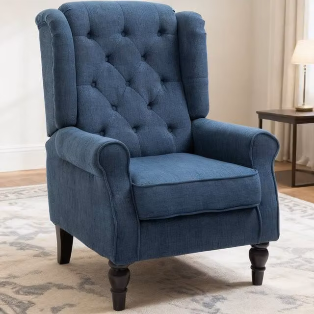 ERGOVEXA Retro Blue Fabric Wingback Accent Chair with Solid Wood Frame, H 86.0 x W 74.0 x D 102.0 cm