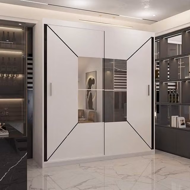 Sliding Wardrobes 4U Modern Double Sliding Wardrobe with Integrated LED Light in White, W: 150 cm, H: 217 cm, D: 62 cm