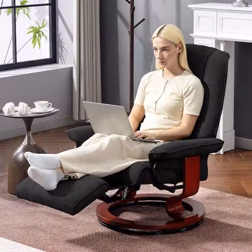 HOMCOM 360 Degree Swivel Manual Recliner Chair with Footstool and Armrests, Black Fabric – 8