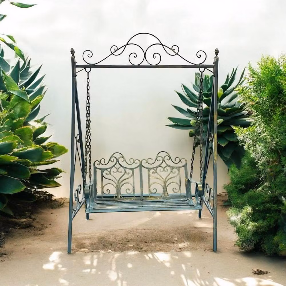 Minster Garden Swing Bench in Blue and Gold with Sun Canopy, Powder Coated Steel, W: 90 cm, D: 147 cm, H: 215 cm – 2