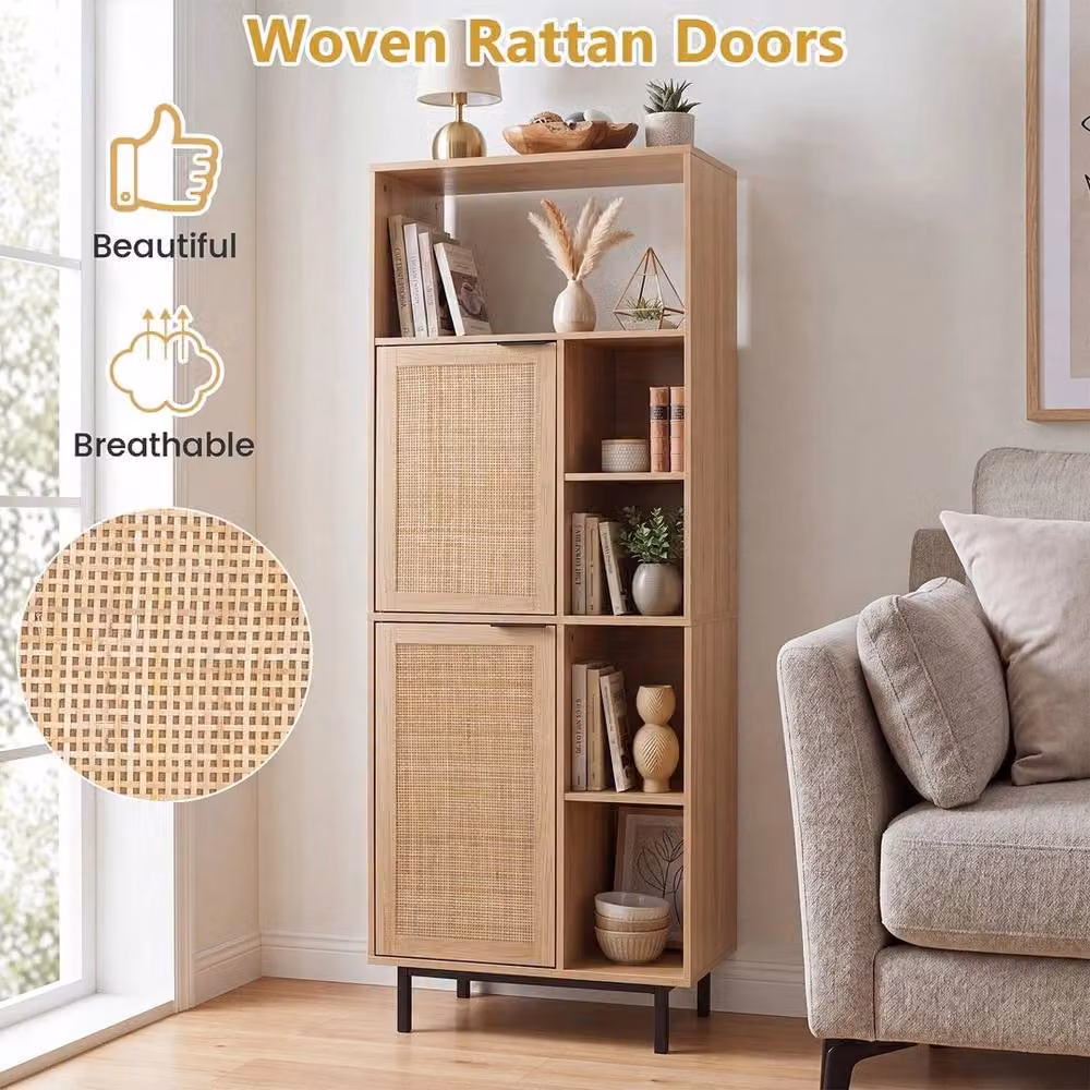FORGEVIO Boho Rattan Kitchen Base Unit in Sand with Hinged Doors and Internal Shelves – 3