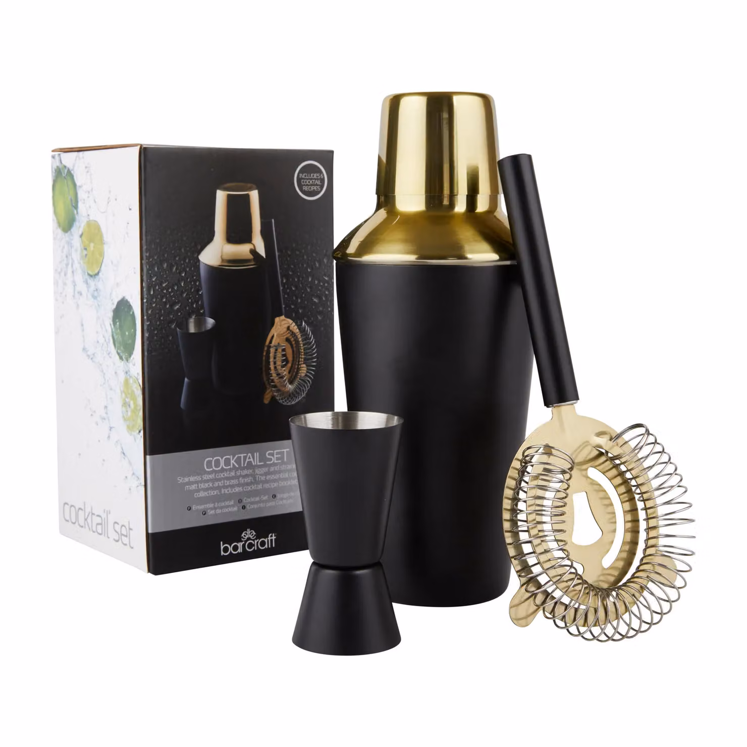 BarCraft 3-Piece Stainless Steel Cocktail Making Set in Black and Gold Finish – 6