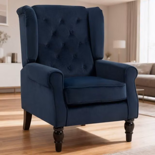 ERGOVEXA Retro Blue Velvet Wingback Accent Chair with Solid Wood Frame, H 86 cm x W 102 cm x D 74 cm – 1