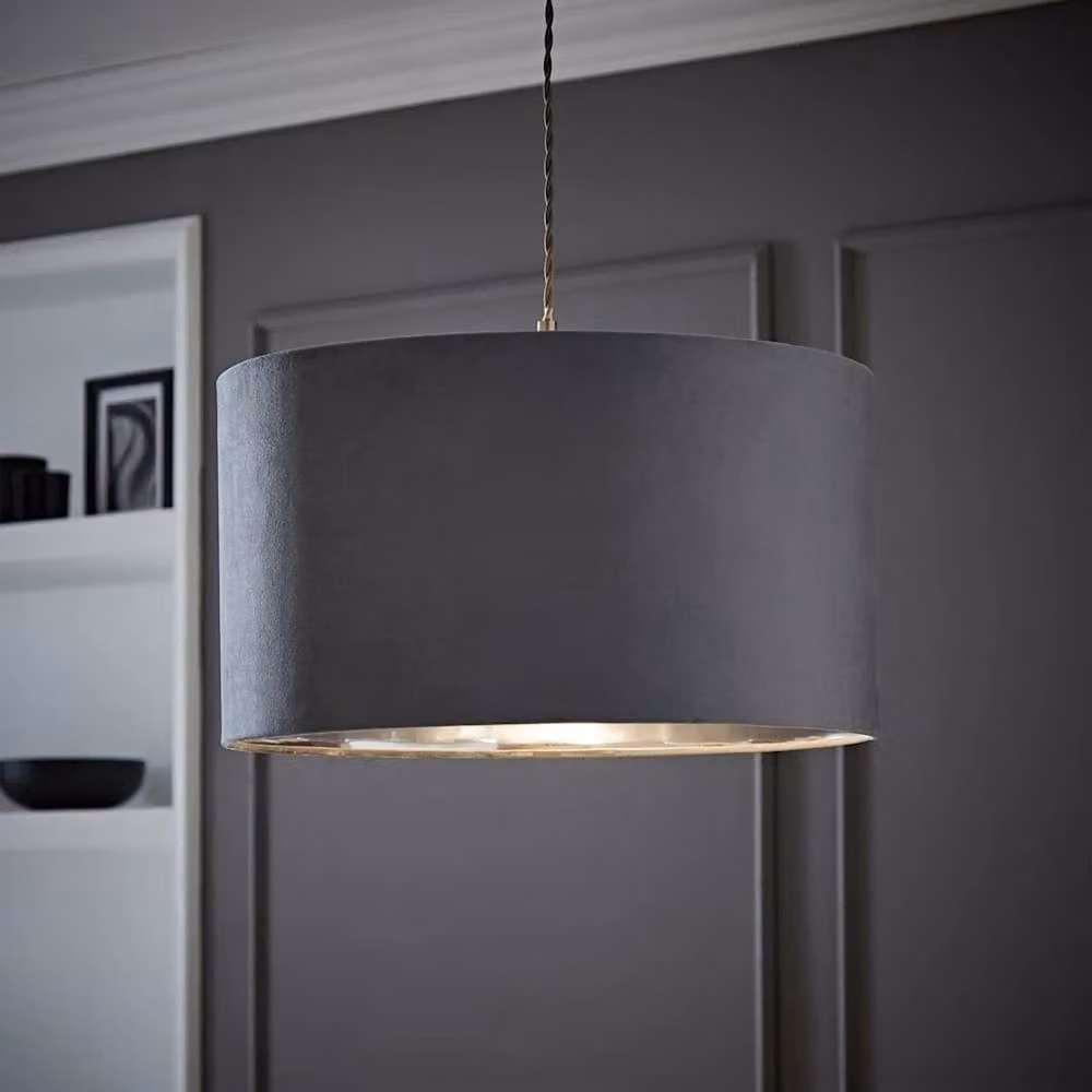 FORGEVIO Grey and Chrome Velvet Cylinder Lampshade Ceiling Light – 2