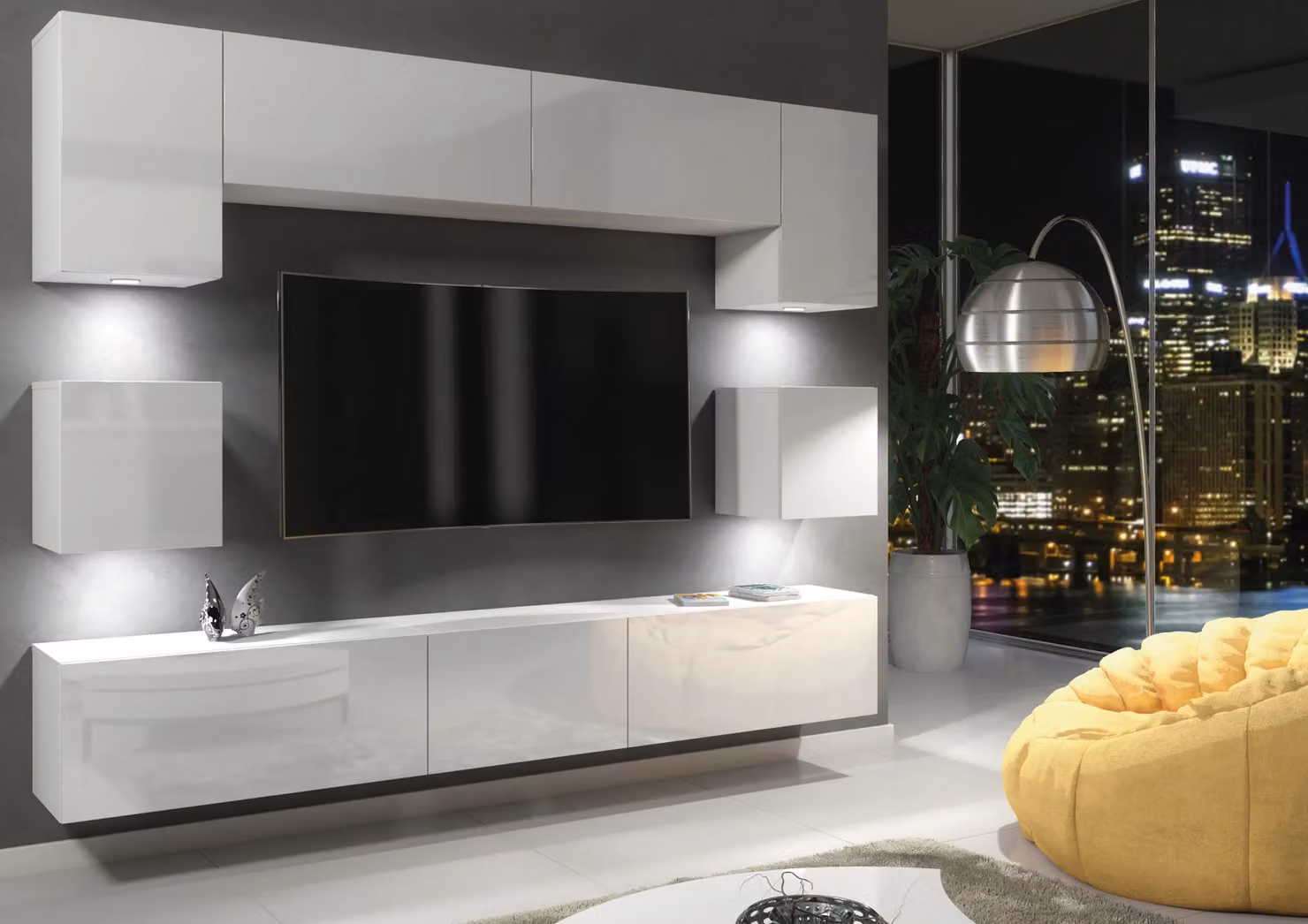 Mex Furniture LTD Modern White Glossy TV Wall Unit with Integrated LED Lighting and Hinged Doors, Width: 242 cm – 2