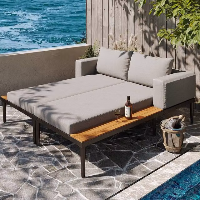 Matteo Modular Outdoor Double Chaise Lounge with Grey Weatherproof Cushions and Side Tray