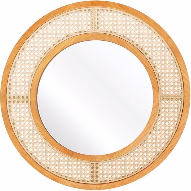 Costway Brown Rattan Round Hanging Wall Mirror, Diameter: 65 cm