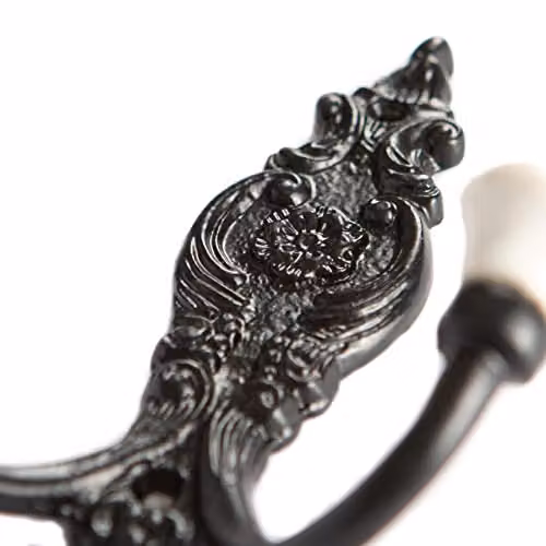 Hammer and Tongs Ornate Double White Ceramic and Iron Coat Hook - W: 10.0 cm, H: 11.5 cm - Black – 3