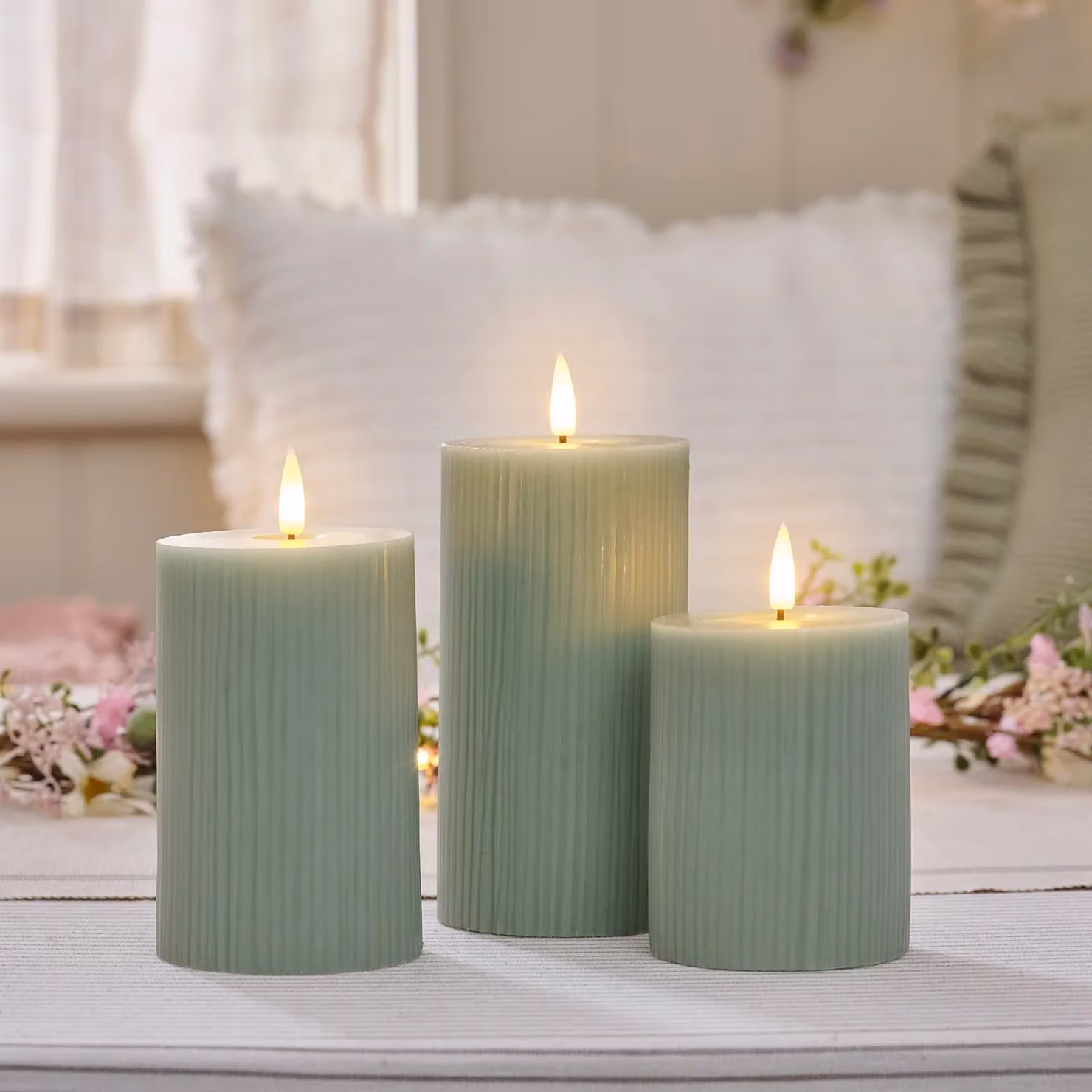 TruGlow® Sage Green Ribbed LED Pillar Candle Trio with Remote Control, Flicker Effect and Timer