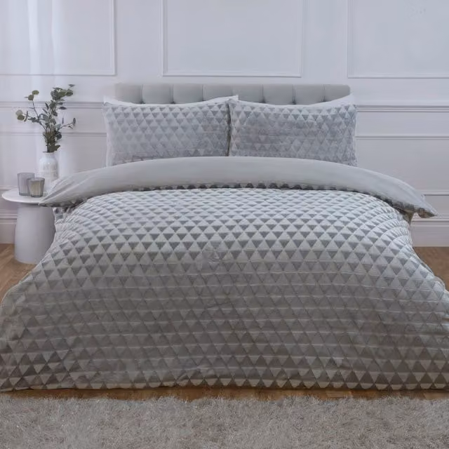Rapport Home Diamond Cut Teddy Polyester Fleece Duvet Cover Set with Pillowcase, Silver, W/D/H: 90 x 200 cm, Pillowcase: 50 x 75 cm