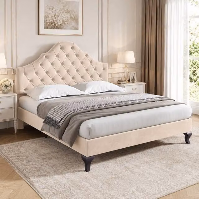 STILVORA Beige Velvet Upholstered Double Bed with Adjustable Headboard W: 140 cm, D: 200 cm, H: 135 cm
