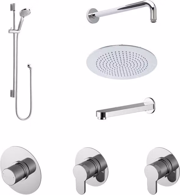 Balterley 3 Outlet Concealed Shower Valve Kit with Slide Rail, Arm, Head and Bath Spout in Silver