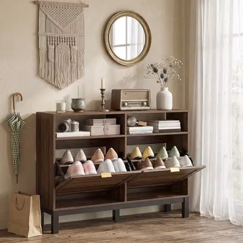 HOMCOM Rustic Brown Narrow Shoe Cabinet with 2 Tilting Compartments and Open Shelf, W/D/H: 80 x 29 x 120 cm – 6