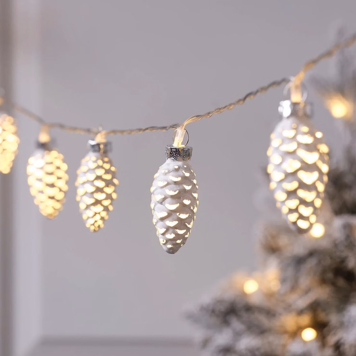 Lights4fun Silver and White Glass Pinecone LED String Lights – 1