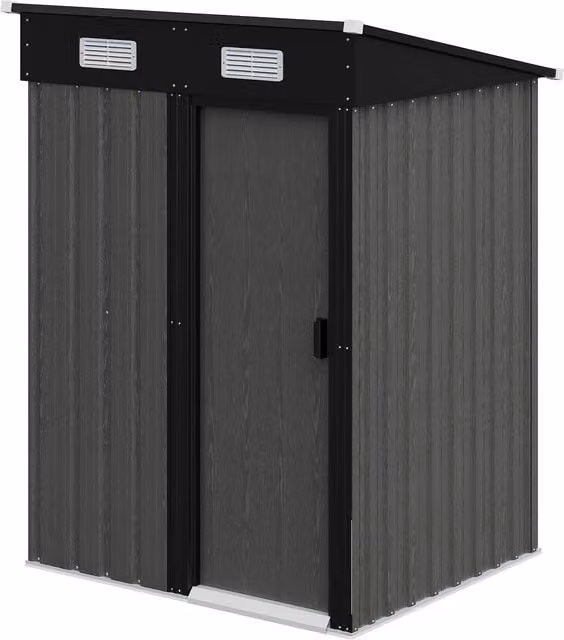 Livingandhome Grey Metal Garden Shed with Wood Effect Pent Roof and Sliding Doors