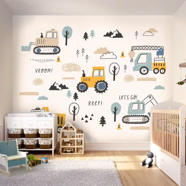 Origin Murals Tractors and Diggers Wall Mural in Duckegg Blue and Multicolour