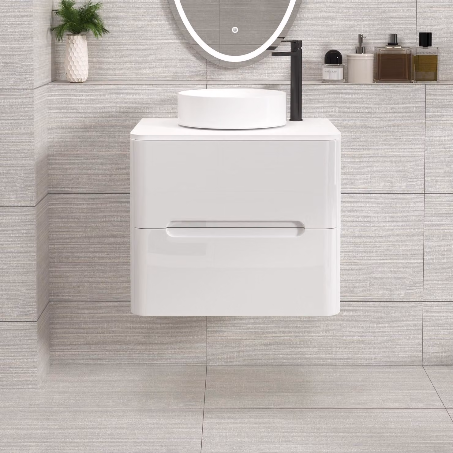 Royal Bathrooms Venice 600mm Gloss White Wall Hung Vanity Unit with 2 Drawers and Plain White Worktop