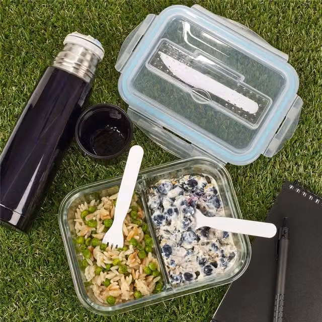 Homiu 2 Compartment Leakproof Glass Food Container with Snap Lid and Cutlery, White