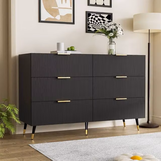 ModernLuxe 6 Drawer Chest of Drawers with Golden Handles in Black, W/D/H: 120 x 40 x 77 cm