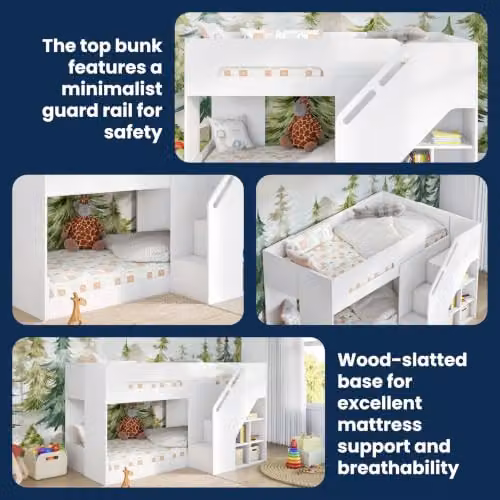Flair Phobo Low Two-Level Staircase Bunk Bed with Storage and Side Compartments, White – 3