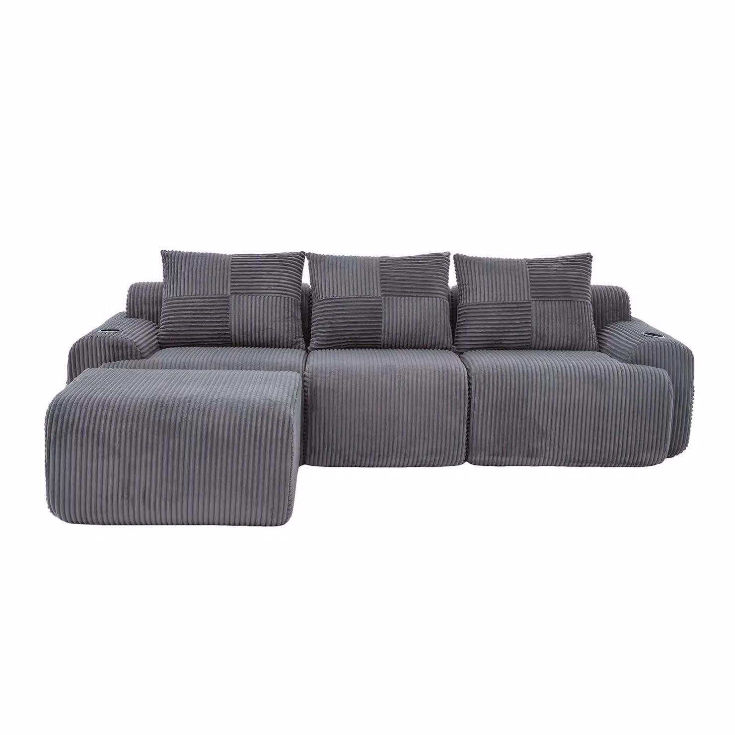 Aosom UK 3-Seater Corduroy L-Shaped Sectional Sofa with Integrated Cup Holders in Dark Grey, W: 174 cm, D: 268 cm, H: 80 cm – 2