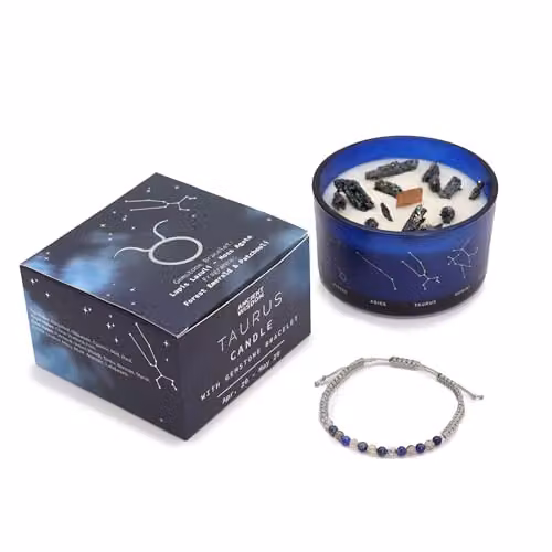 Serenityy aurus Zodiac Crystal Candle with Lapis Lazuli and Moss Agate Bracelet in Navy