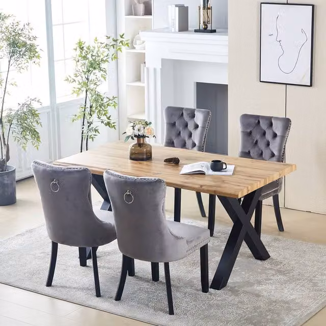 HomeTouch Weston 5 Piece Live Edge Oak Dining Table Set with 4 Grey Velvet Upholstered Chairs, W: 140 cm