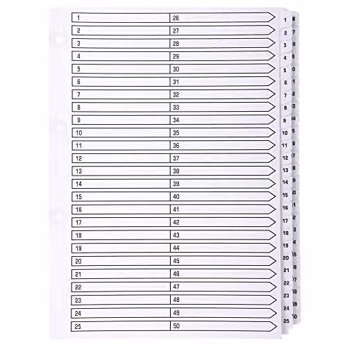 Exacompta Mylar Printed Indices for A4 Documents, 50-Part Dividers (1-50) in White, 160gsm FSC-Certified Card with Reinforced Plastic Tabs