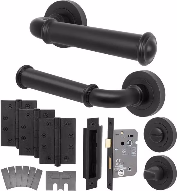 AFIT Matt Black Aluminium Fire Door Handle and Bathroom Lock Set with Hinges