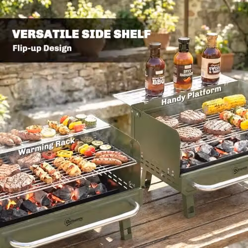 Outsunny Portable Tabletop Charcoal Barbecue Grill with Stainless Steel Warming Rack in Green – 9