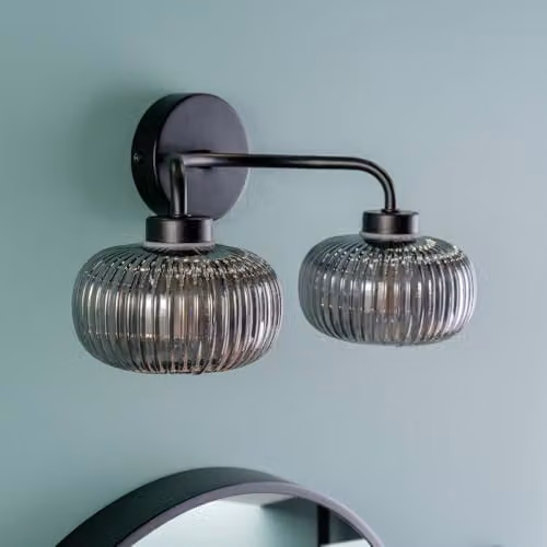 ValueLights Amaia Matte Black 2 Way Up and Down Wall Light with Smoked Grey Ribbed Glass Lampshades, IP44 Rated for Bathroom and Home Use – 2