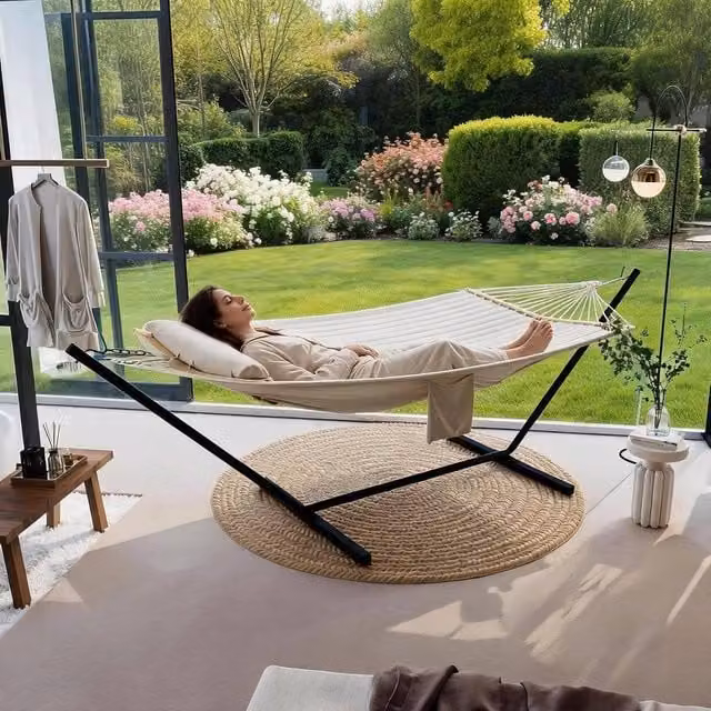 London Boutique Double Hammock with Stand and Cushions in Beige – 1
