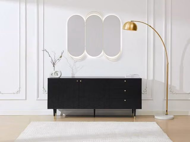 Vente-unique Oak Veneer Sideboard with 2 Doors and 3 Drawers in Black and Gold, W/D/H: 180 x 40 x 79 cm – 1
