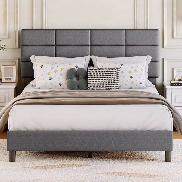 London Boutique King Size Upholstered Platform Bed Frame with Tufted Headboard in Grey, W/D/H: 180 x 200 cm