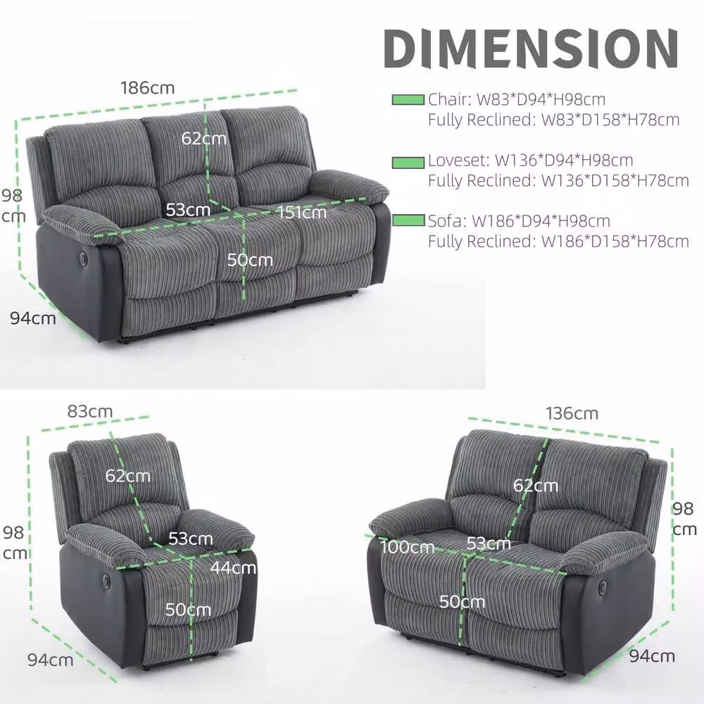 FURNITURE ONE Electric Reclining Sofa Set in Grey Corduroy Fabric – 4