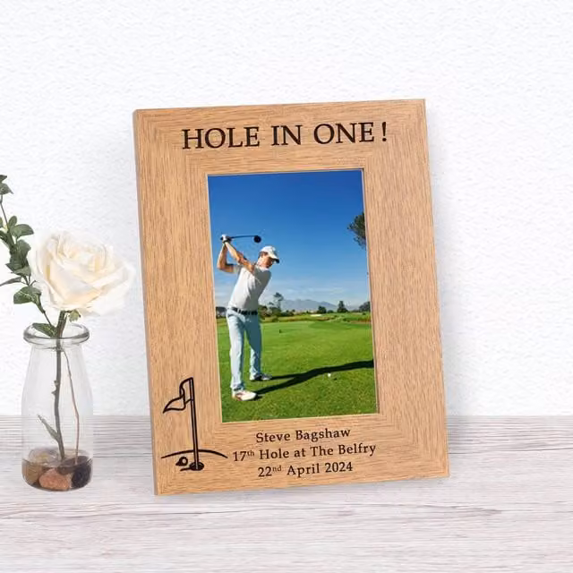 Uniqueful Personalised Hole in One Wood Picture Frame, Brown, W/H: 19.5 x 19.5 cm