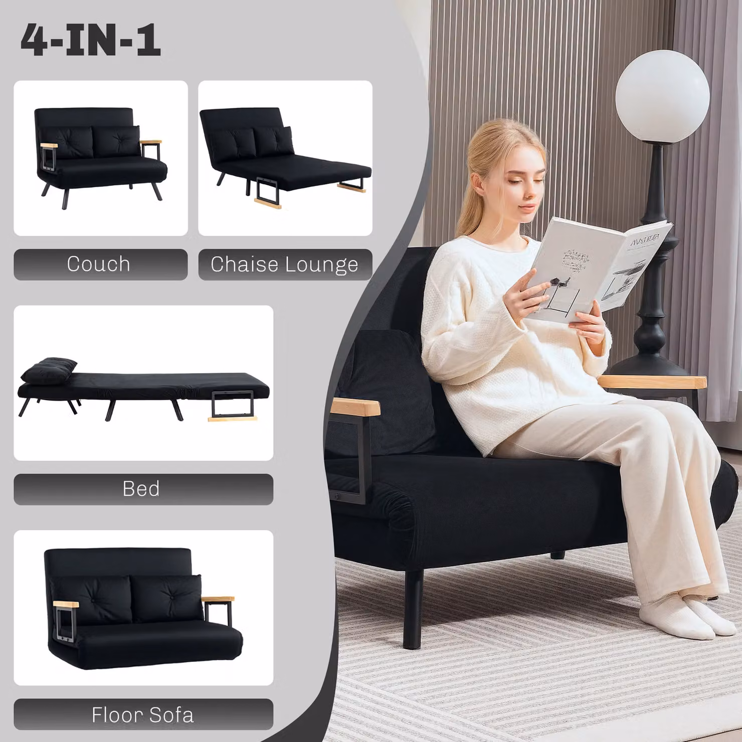 HOMCOM Black Velvet 2 Seater Click Clack Sofa Bed with Metal Frame – 4