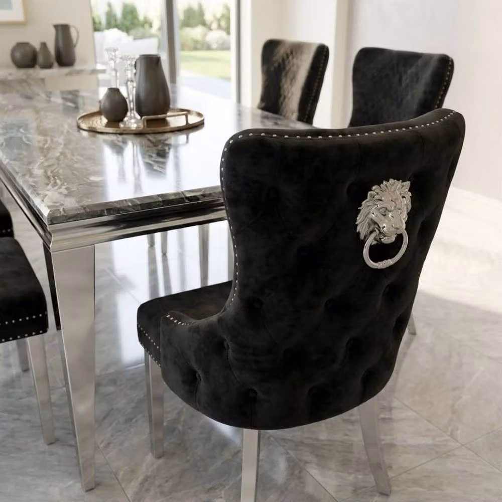 HOME LUXE INTERIOR Sofia Grey Marble Dining Table and 4 Victoria Black and Silver Chairs – 6