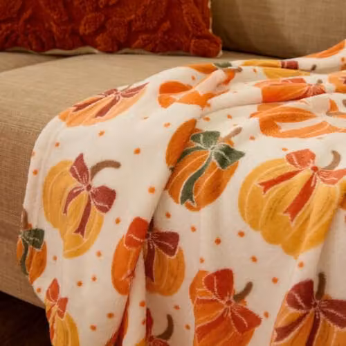 OHS Autumn Pumpkin Bow Flannel Fleece Throw Blanket in Cream, W/D/H: 125 x 150 cm – 2