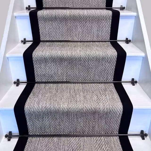 RainbowHome New England Grey Herringbone Stair Runner with Black Cotton Border, W: 60 cm, L: 700 cm
