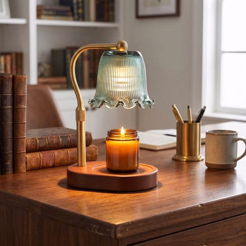 Kelvenix Vintage Adjustable Height Candle Warmer Lamp in Green with Wood and Brass Details – 4