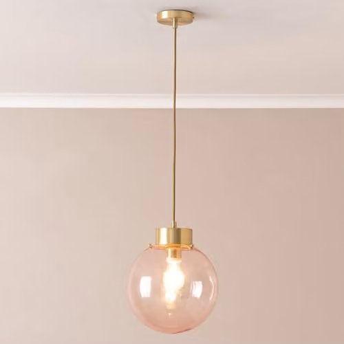 ValueLights Frenchie Pink Glass Globe Pendant Light with Brushed Gold Cap and LED Bulb – 2