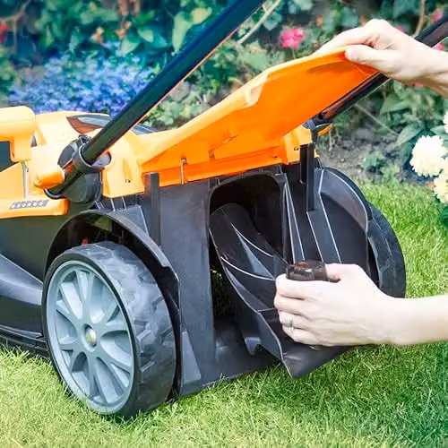 LawnMaster MX 24V 37cm Cordless Lawnmower in Orange with Spare Battery, Quick Charger, Collection Bag and Mulching Kit – 5