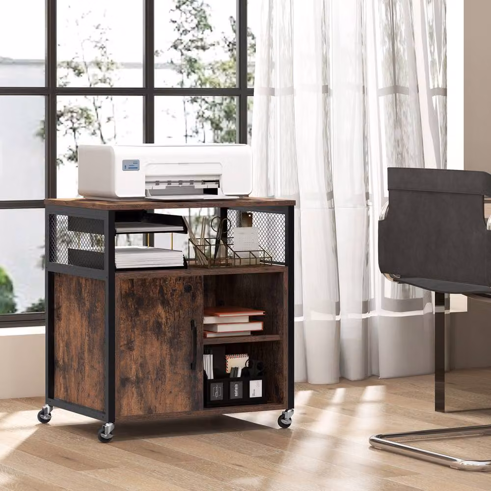 Gymax Industrial Metal and MDF File Cabinet on Wheels, Brown, H: 66.0 cm x W: 60.0 cm – 5