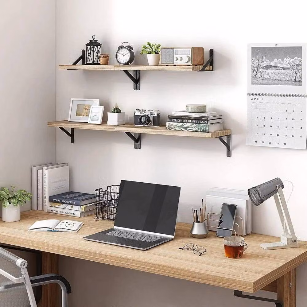 KORVIXA Set of 4 Brown Wooden and Metal Wall-Mounted Industrial Floating Shelves – 2