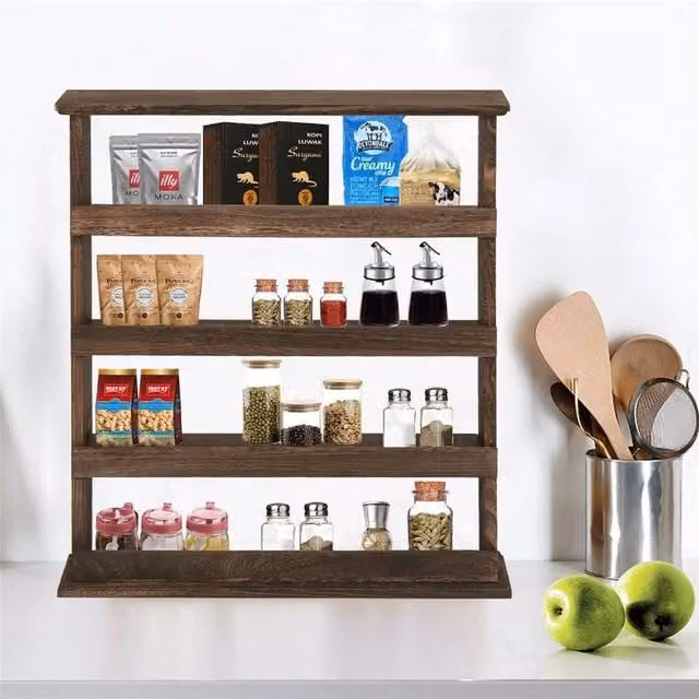 FORGEVIO 4-Tier Wooden Wall-Mounted Spice Rack and Storage Shelves in Brown/Multicolour