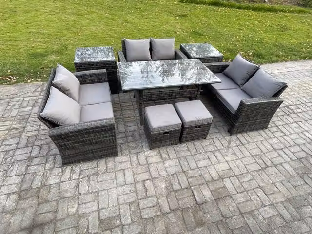 Fimous 8 Seater Wicker PE Rattan Garden Furniture Set with Oblong Dining Table and Double Seat Sofa in Dark Grey