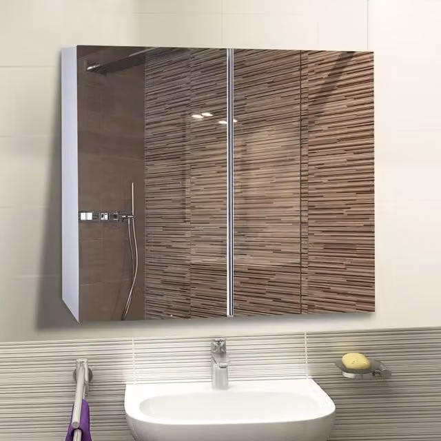HOMCOM Modern White Wall Mounted Bathroom Mirror Cabinet with Double Glass Hinged Doors
