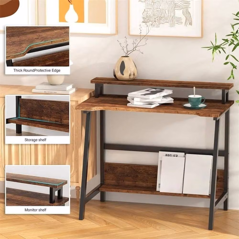 Nordara Brown Writing Desk with Monitor and Laptop Shelf – 2
