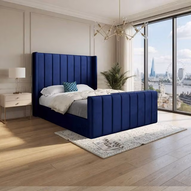 KDMD Stretton Winged Upholstered Designer Bed Frame in Blue Soft Velvet, W/D/H: 90 x 200 cm